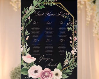 Navy Velvet Wedding Seating Chart with Pink Floral & Greenery Wreath, Elegant Canva Template, Editable Table Plan Sign