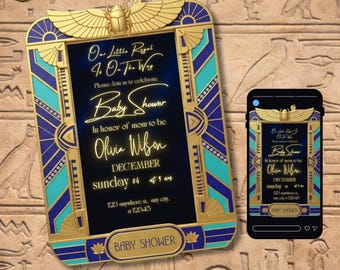 Egyptian Baby Shower Invitation, Pharaoh Theme, Navy Velvet Background, Blue Green Gold Frame, Royal Baby Invite, Canva Editable