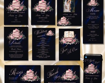 Book Themed Wedding Invitation Suite Navy Blue Velvet Pink Gold Books Floral “Our Story Begins” Editable Canva Template Literary Book Lovers