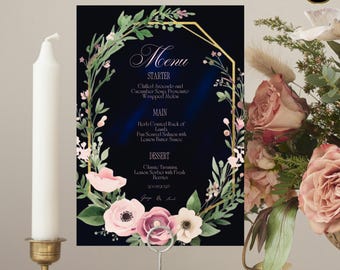 Navy Velvet Wedding Menu Template Set with Pink Floral & Greenery, 4 Sizes Included, Editable Canva Luxury Menu Card