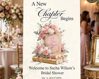 A New Chapter Begins Bridal Shower Welcome Sign, Editable Canva Template, Cream Gold Pink Floral Book Theme Decor