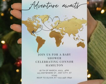 Golden World Map Baby Shower Invitation Adventure Awaits Travel Theme Pastel Digital Printable Airplane 10Colors Instant Download Wanderlust