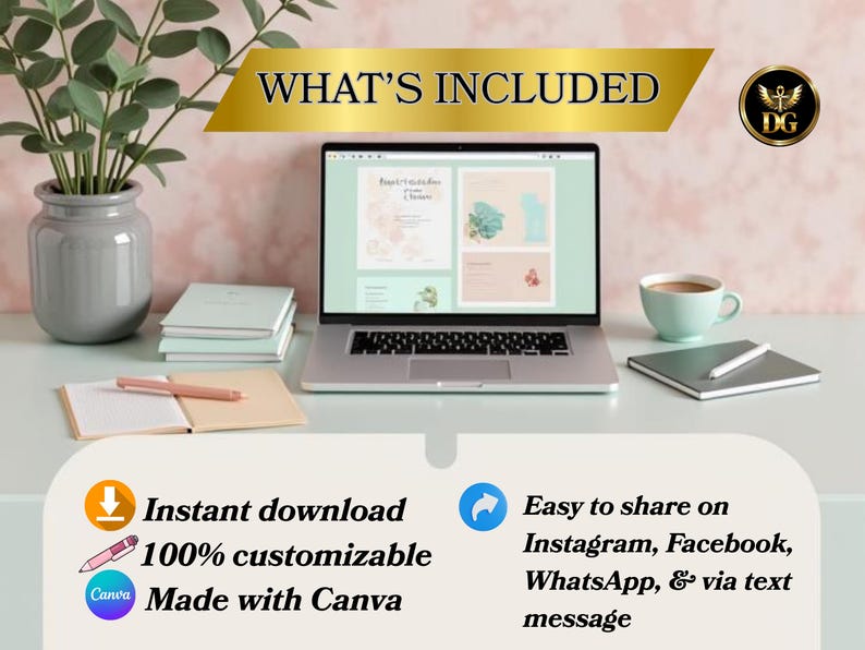 Op de afbeelding: Een laptop met een ontwerpsjabloon staat op een witte tafel, naast een kop koffie, een notitieboek en een pen. De afbeelding bevat de tekst "WHAT'S INCLUDED", "Direct downloaden", "100% aanpasbaar" en "Made with Canva".