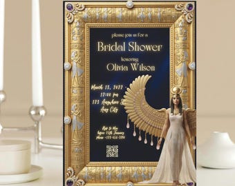 Luxury Emerald Isis Goddess Bridal Shower Invitation | Egyptian Theme Winged Gold Velvet Canva Template