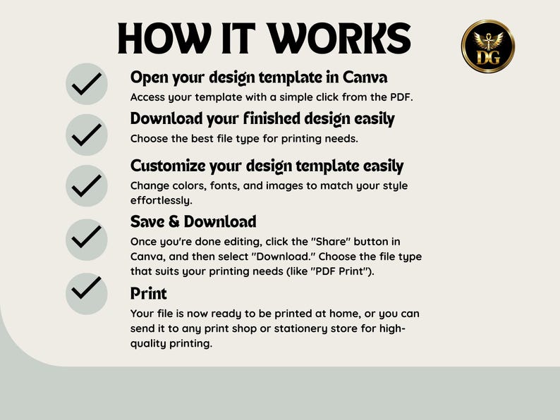 Op de afbeelding: Cr&egrave;mekleurige afbeelding met zwarte tekst die de stappen beschrijft om een ontwerpsjabloon in Canva te gebruiken. De stappen omvatten het openen, downloaden, aanpassen, opslaan, downloaden en afdrukken. Een gouden embleem staat rechtsboven.