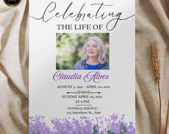 Funeral Invitation Template White Background with Soft Mauve Florals Editable Canva Memorial Digital Download