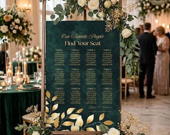 Emerald Gold Seating Chart Sign | Find Your Seat Wedding Board | Luxury Green Gold Table Chart | Our Favorite People Reception Sign