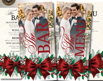Christmas Bridal Shower Menu Set, Red Velvet Bow Wedding Menu, Cream Gold Bar Menu, Folded Table Name Card Decor