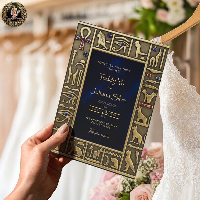 Ancient Egyptian Pharaoh Frame Wedding Invitation, Bastet & Ankh Gold ...