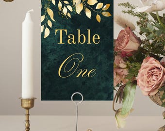 Emerald Green Velvet Printable Table Numbers with Gold Greenery, Elegant Botanical Green & Gold Wedding Table Signs