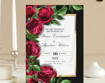 Luxury Black Wedding Invitation Template with White Silk Texture, Gold Frame Red Roses Digital Suite, Editable Printable Dramatic Invites