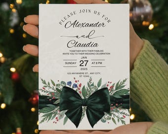 Emerald Velvet Bow Wedding Invitation Suite | Cream Gold Elegant Wedding Set | Editable Canva Template