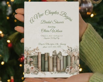 Ein neues Kapitel beginnt Brautdusche Einladung, Creme Gold Salbei Grün, Olive Bow Floral, bearbeitbare Canva Vorlage, elegante neutrale Einladung