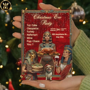 May include: A Christmas Eve Party invitation card featuring Egyptian-themed illustrations. The card has a red background with gold accents and the text "Christmas Eve Party." It includes images of Cleopatra, Tut, and Nefertari, along with a dog wearing a Santa hat.