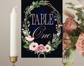 Navy Velvet Table Numbers with Pink Floral & Greenery Wreath, Elegant Wedding Table Cards, Canva Editable Template Set