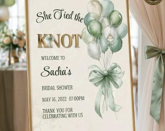 Sage Green Bridal Shower Welcome Sign, She Tied the Knot, Editable Canva Template, Watercolor Balloon Bridal Decor