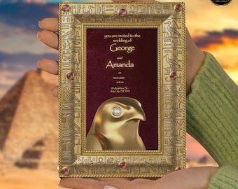 Royal Egyptian Wedding Invitation Burgundy Velvet Horus Invite Eye of Horus Gold Frame Ancient Egypt Wedding Canva Template Digital Download
