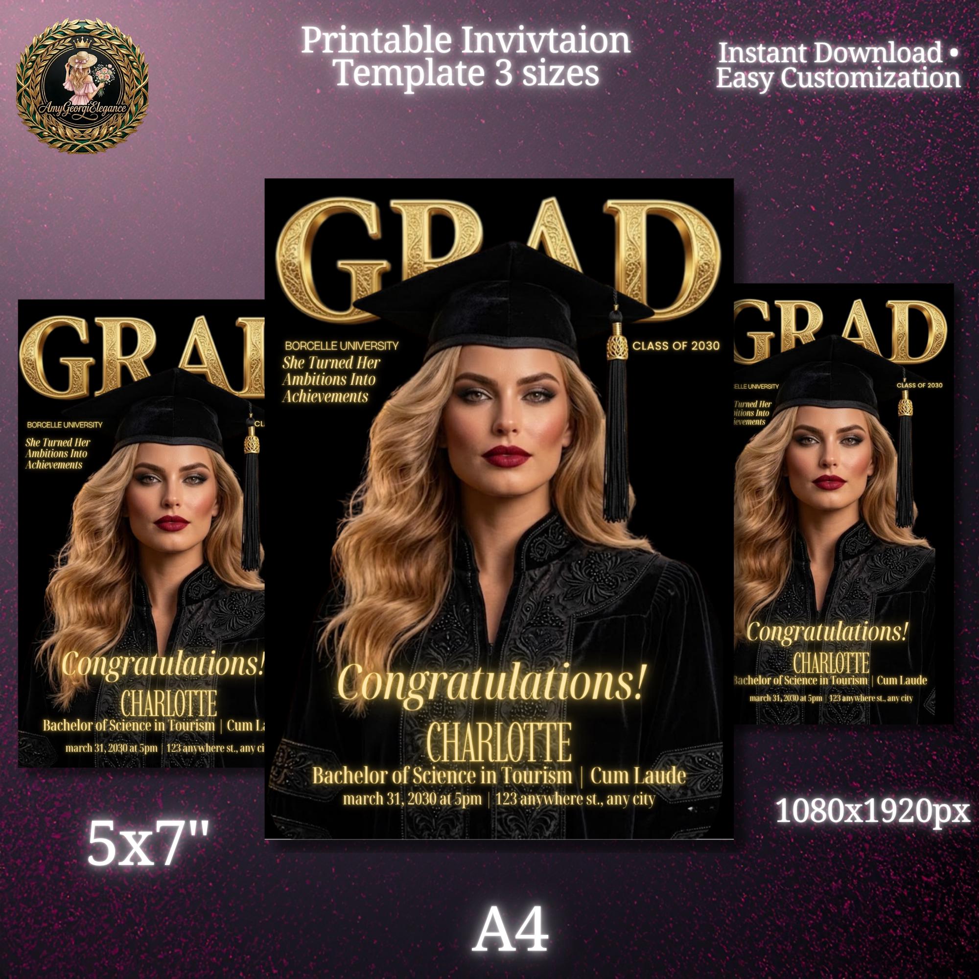 Black Gold Graduation Magazine Cover Template, Editable Canva ...