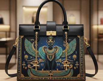 May include: Black leather handbag featuring an Egyptian cat design with teal wings and gold accents. The bag has a top handle, a shoulder strap, and a gold clasp. The design includes hieroglyphs and an Ankh symbol.