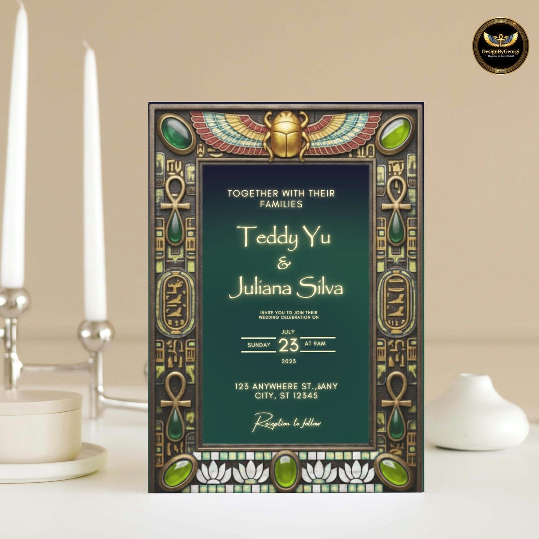 Emerald Egyptian Wedding Invitation, Golden Winged Scarab, White Lotus ...