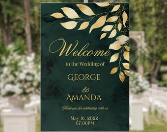 Emerald Velvet Green & Gold Wedding Welcome Sign, Botanical Gold Wedding Sign, Editable Canva Template, Luxury Printable Decor