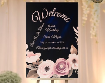 Marineblauwe fluwelen bruiloft welkomstbord stoffige roze bloemen canvas sjabloon, bewerkbaar trouwbord 3 maten, elegante entreeposter