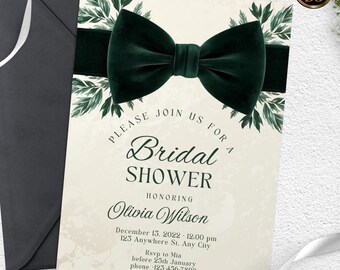 Christmas Bridal Shower Invitation Set | Elegant Emerald Green Velvet Bow & Gold Leaves | Holiday Bridal Canva Template Suite