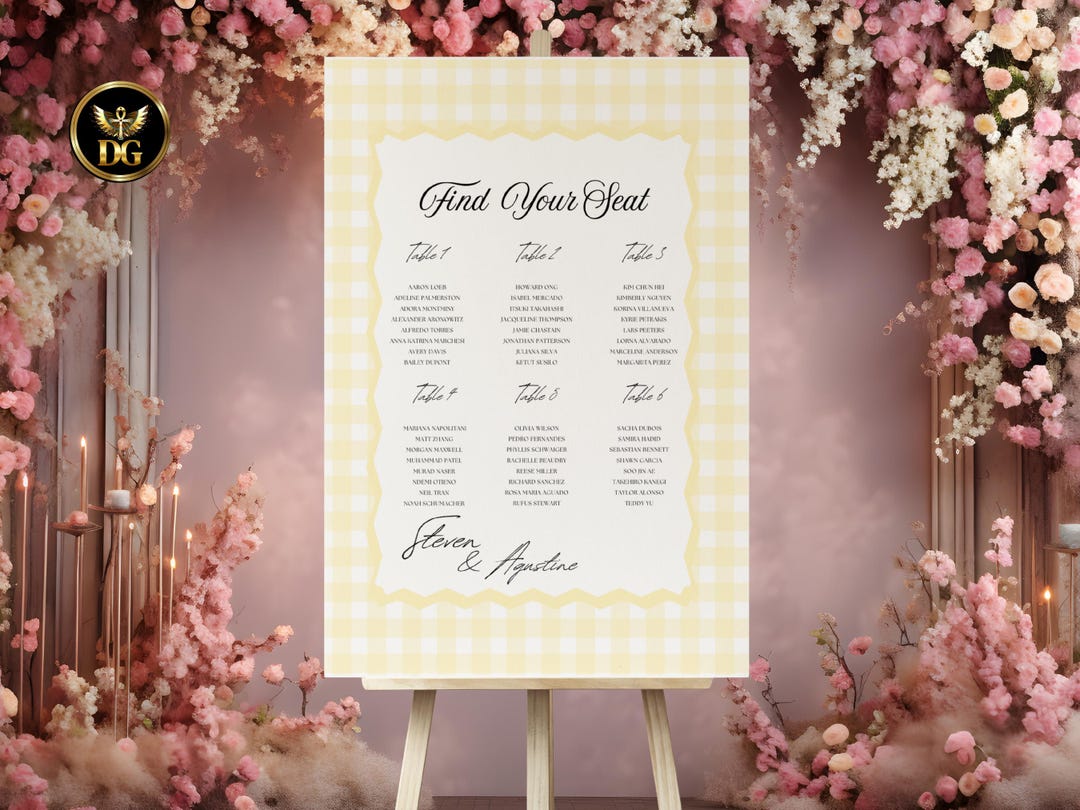 Yellow Check Wedding Seating Chart, Printable Wedding Table Plan ...