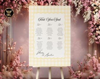 Yellow Check Wedding Seating Chart, Printable Wedding Table Plan, Wedding Sign, Modern Wedding Decor, Editable Template