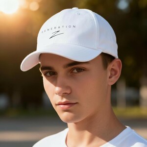 Op de afbeelding: Witte baseballcap met de tekst "GENERATION Z" in zwart. De cap heeft een gebogen klep en een klassiek zes-panelen ontwerp. De hoed is gemaakt van een zacht materiaal en is geschikt voor casual wear.