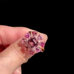 Pink Cushion Moissanite Cocktail Ring in 925 Sterling Silver, Gold Plated Statement Ring, Unique Floral Ring, Handmade Jewelry, Gift for her