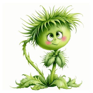 May include: A green, spiky, plant-like character illustration with a round head, large expressive eyes, and pink cheeks. The figure features a textured, thistle-like top, a slender stem, and jagged leaves at the base, all rendered in shades of green.