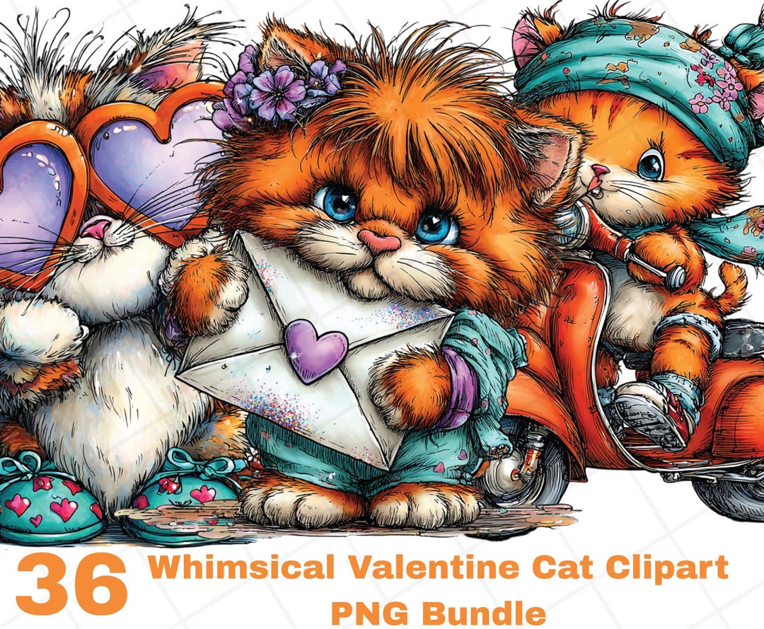 36 Whimsical Valentine Cat Clipart PNG Bundle, Cute Love Cats With ...
