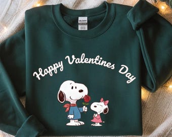 Valentine’s Day Cute Dog Couple Sweatshirt | Happy Valentines Day Shirt | Romantic Cartoon Dog Valentine Gift | Unisex Cozy Crewneck