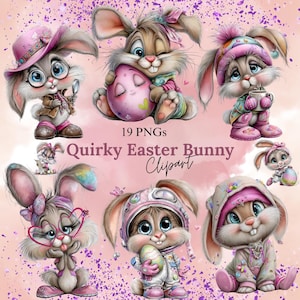 Op de afbeelding: Een verzameling van negen eigenzinnige paashaas clipart afbeeldingen. Elke konijn is afgebeeld in een unieke outfit en pose, met zachte pastelkleuren en gedetailleerde illustraties. De tekst "Quirky Easter Bunny Clipart" wordt weergegeven.