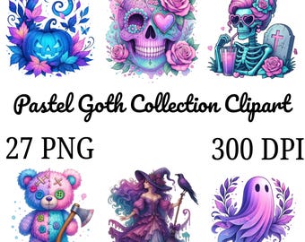 Watercolor Pastel Goth Halloween Clipart: 27 PNG Spooky Designs (Digital Download)