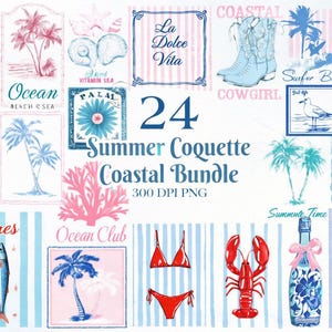 Könnte beinhalten: Ein digitales Kunstpaket mit Küstenmotiven, das Illustrationen von Palmen, Muscheln und Strandszenen zeigt. Das Kunstwerk enthält den Text "Summer Coquette Coastal Bundle" und andere Strandbezogene Phrasen, alles im Aquarellstil.