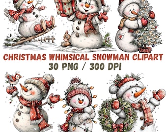 Whimsical Snowman Christmas Clipart: Feestelijke Vakantie Graphics (Digitale Download - 30 PNG’s)
