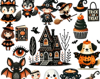 Watercolor Halloween Clipart: Ghost, Pumpkin, Cat (Commercial Use) (PNG)