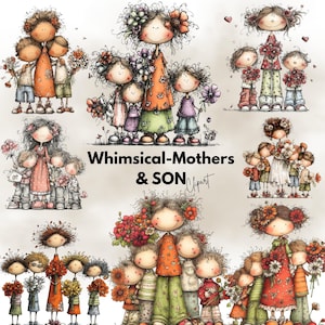 Peut inclure: Plusieurs illustrations fantaisistes de mères et d'enfants. Les dessins représentent des personnages avec des ornements floraux et des bouquets. Le texte "Whimsical-Mothers & SON" est affiché au centre de l'image.