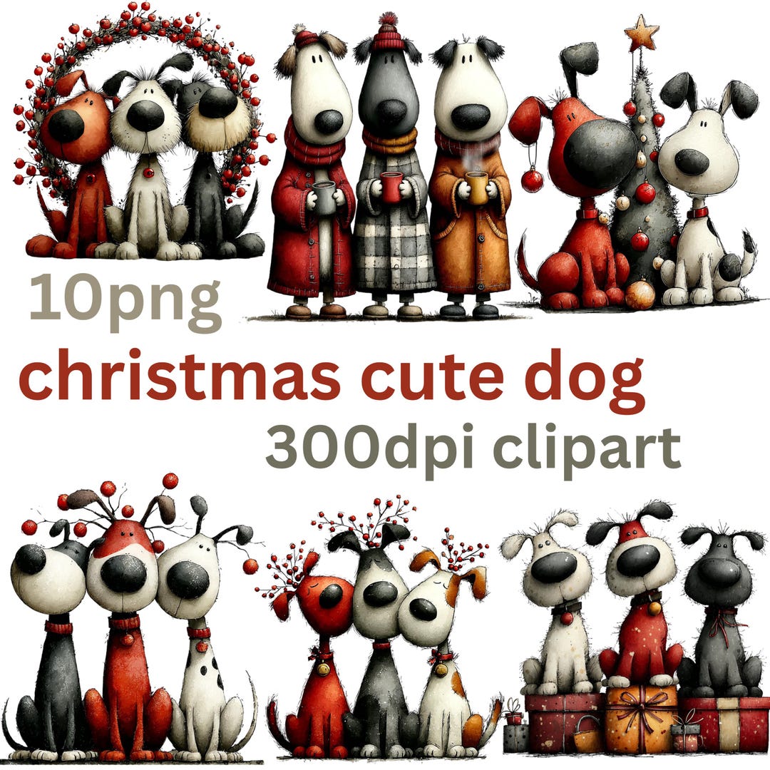 Funny Christmas Dog Clipart Bundle, Festive PNG Graphics (digital ...