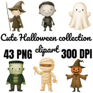 May include: A collection of watercolour Halloween clipart featuring a witch, zombie, ghost, Frankenstein's monster, mummy, and a pumpkin-headed figure. The text "Cute Halloween collection", "43 PNG", "clipart", and "300 DPI" is also included.