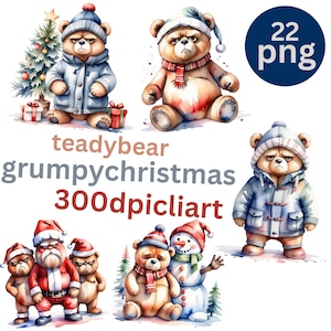 May include: A collection of watercolor illustrations featuring grumpy teddy bears in winter attire and Santa Claus costumes. The image includes text that reads "teadybear grumpychristmas 300dpicliart" and a "22 png" graphic.