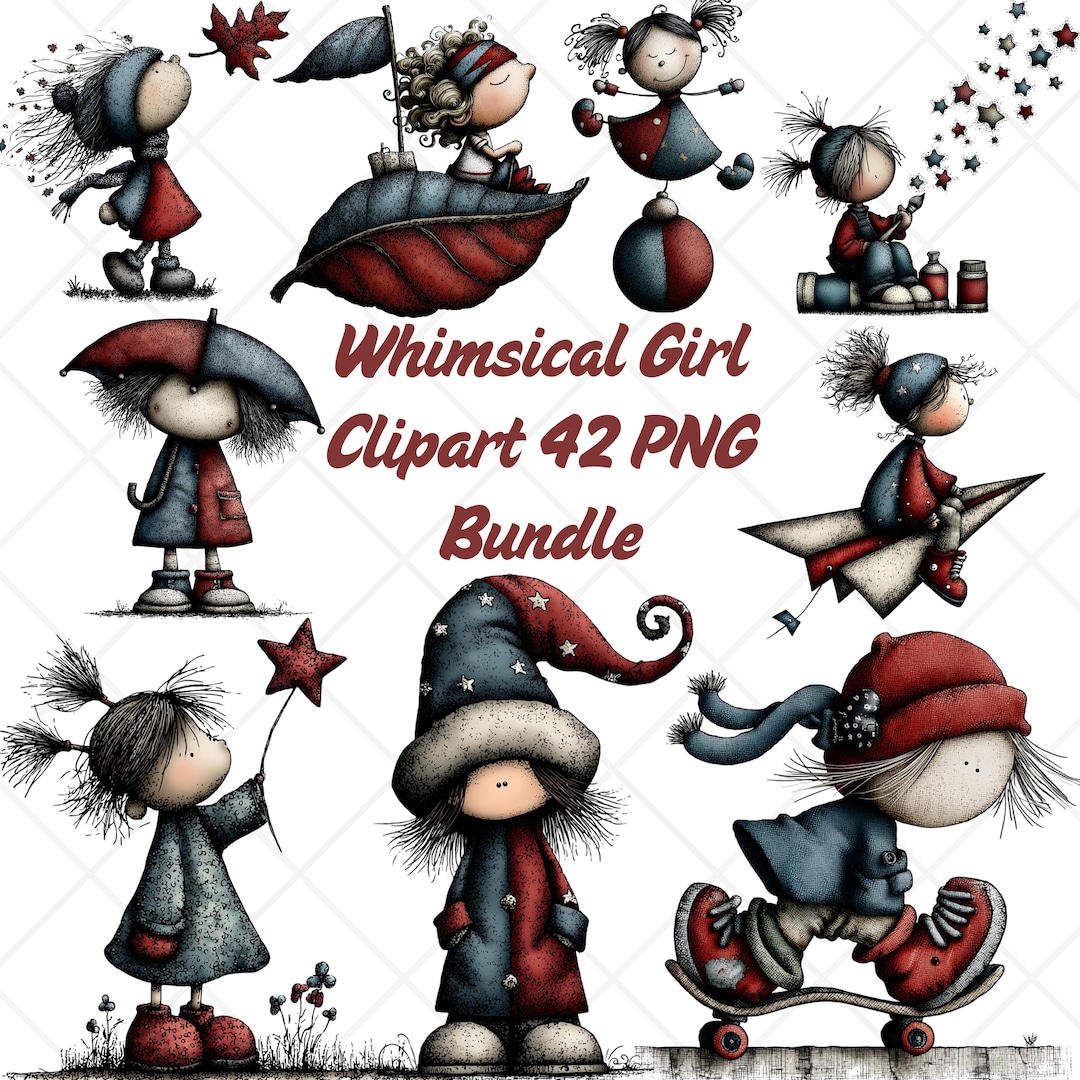 Whimsical Girl Clipart Bundle 42 PNG | Cute Hand Drawn Kids ...