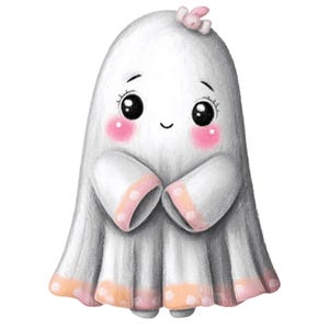 May include: A white ghost illustration with a rounded shape, large black eyes, and pink cheeks. The ghost features a small pink bow on top of its head and wears a white garment with pink and peach-coloured trim at the sleeves and bottom hem.