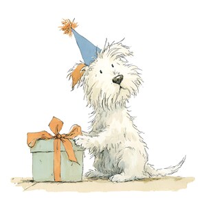 May include: Watercolor illustration of a white dog wearing a blue party hat with an orange pom-pom. The dog is sitting next to a light blue gift box tied with an orange ribbon. The dog appears to be looking up.