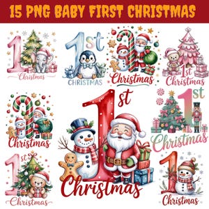 Könnte beinhalten: Eine Sammlung von 15 PNG-Digitalbildern mit Weihnachtsmotiv. Jedes Bild zeigt die Zahl "1st" mit festlichen Elementen wie Weihnachtsmann, Schneemännern, Weihnachtsbäumen und dem Text "Christmas".