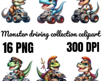 Monster Truck Dinosaur Clipart Bundle: 16 PNG Graphics (Digital Download)