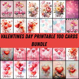 Op de afbeelding: Een verzameling printbare Valentijnsdagkaarten met aquarel illustraties van harten, bloemen en vintage trucks. De kaarten hebben een roze en rood kleurenschema, met de tekst "Valentines Day Printable 100 Cards Bundle".