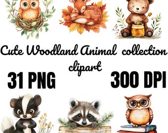 Watercolor Woodland Animals Clipart: Nursery Art PNG (Digital Download, Commercial Use OK